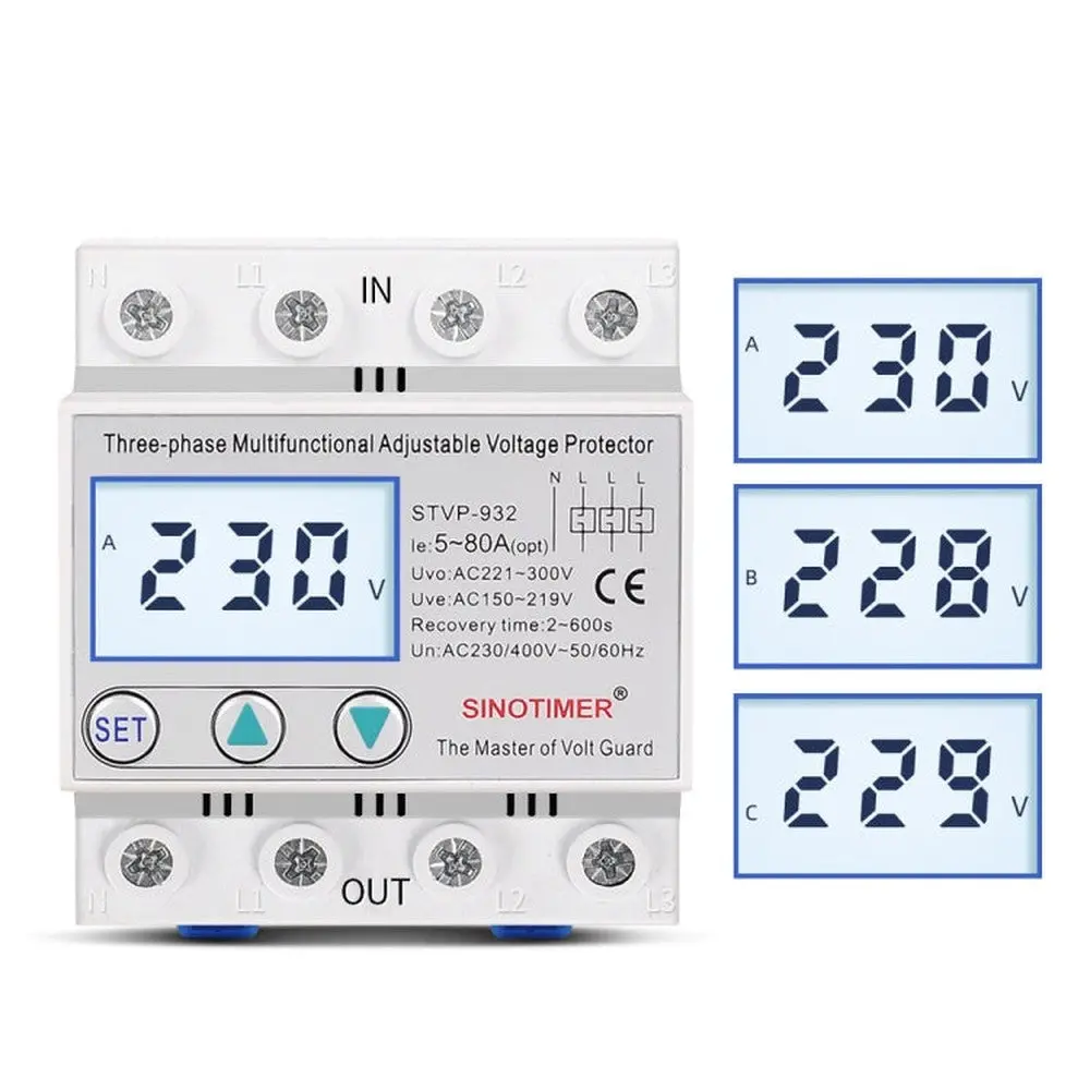 3-Phase 380V Lcd Self-Resetting Adjustable Surge Voltage Protector, Sinotimer Stvp-932 40A, Sinotimer Stvp-932 50A, Sinotimer Stvp-932 63A, Sinotimer Stvp-932 80A 1